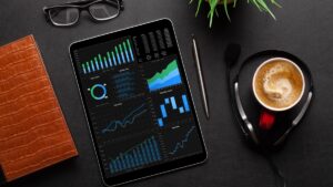 tablet displaying AI analytics dashboard representing LogicFlow OS workflow automation and performance insights