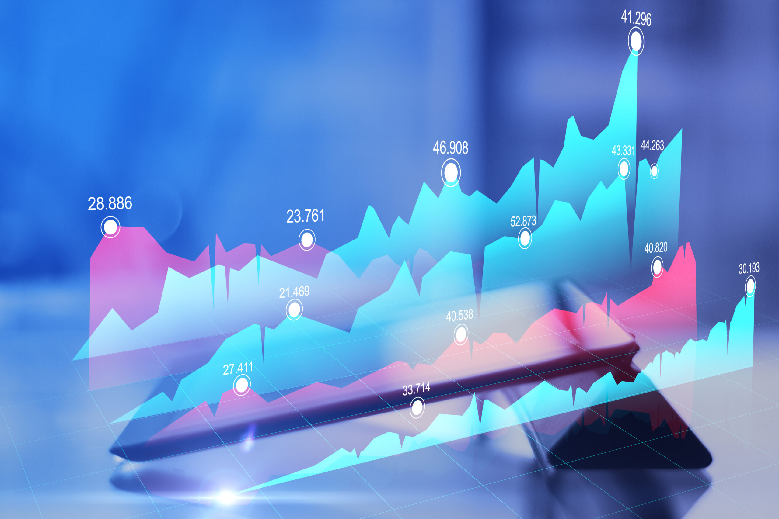 tablet displaying colorful data charts and graphs representing AI analytics, performance tracking, and data insights