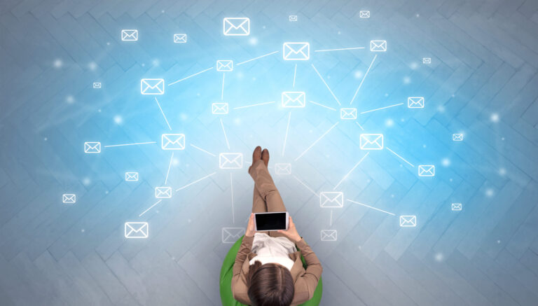 person interacting with digital network of message icons representing AI-driven communication workflows and system connectivity